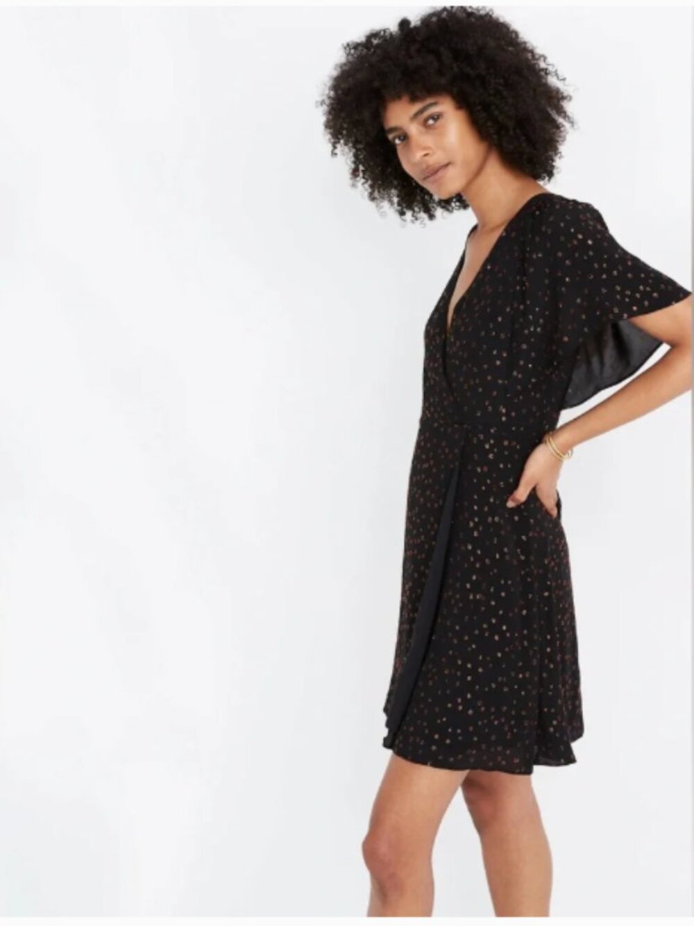 Madewell Cape Sleeve Mini Dress in Metallic Polka Dot Wrap Dress Size 6